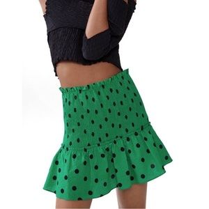 Zara Smocked Flared Green and Black Polka Dot Mini Skirt
